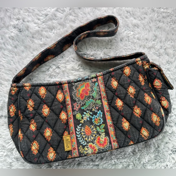 MaggiB GUC Small Black & Red Floral Quilted Fabric Shoulder/Hand Bag - Picture 2 of 9